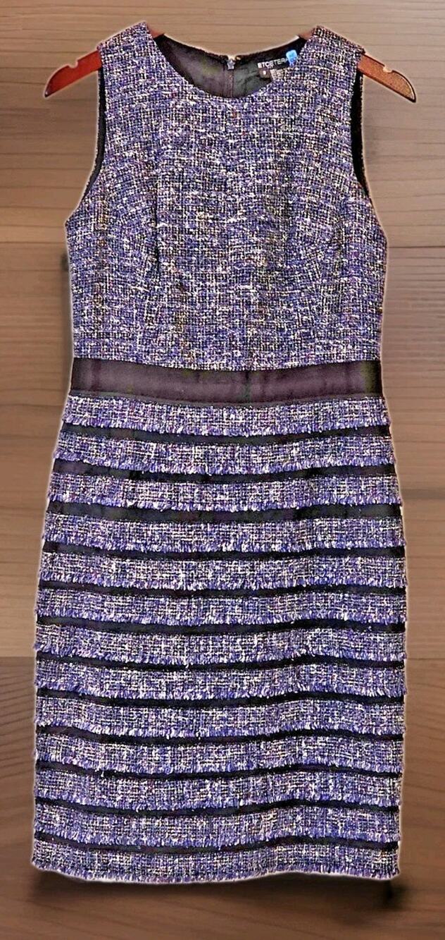 Etcetera Sheath Dress Virgin Wool Silk Cotton Blend Size 8 Blue Black Grey Tweed